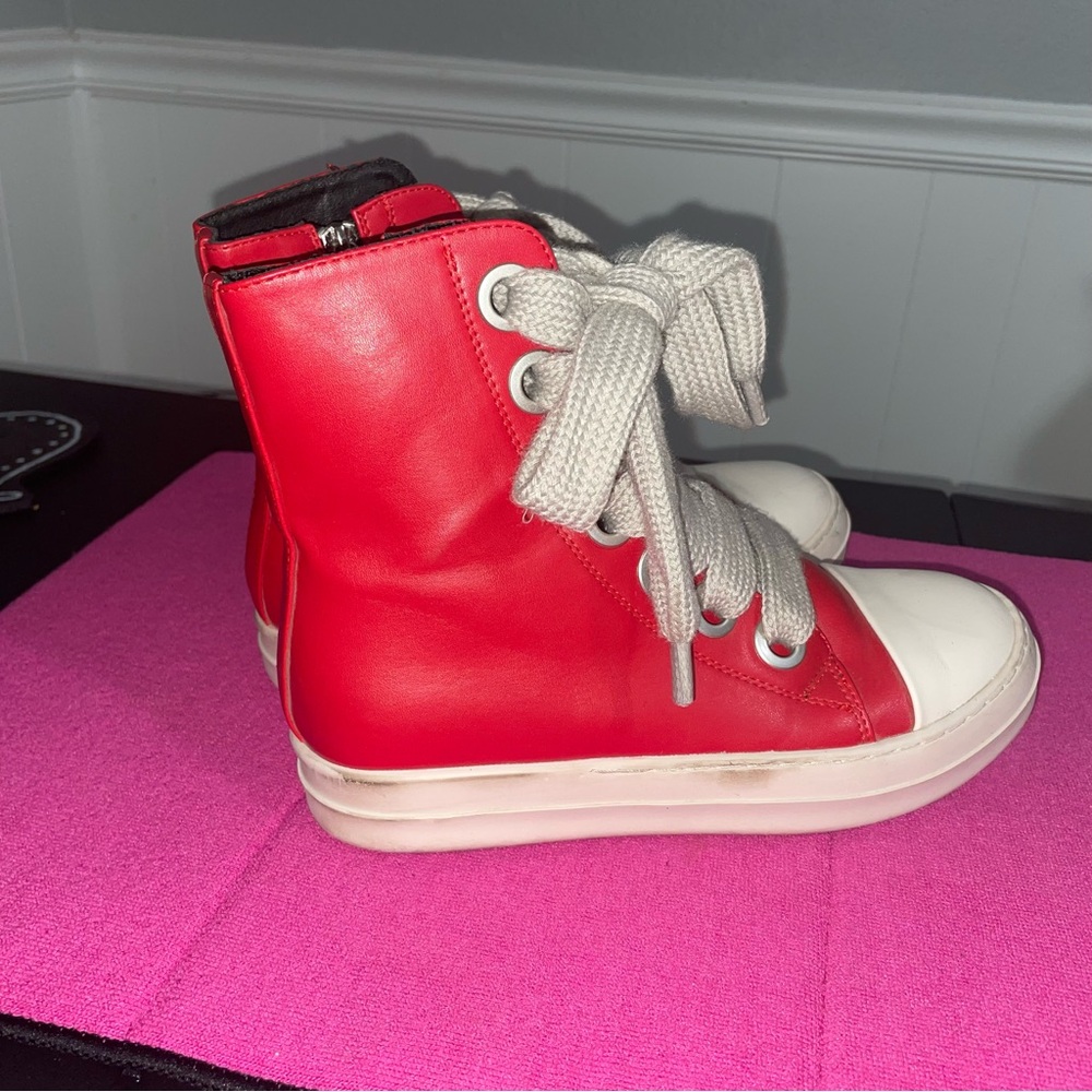 Kids Red High-Top Sneakers with White Toe and Cream Laces